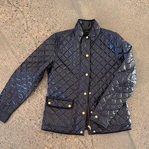 J Crew Navy Blue Diamond Quilted Coat Jacket Gold Zipper Snaps Pockets
